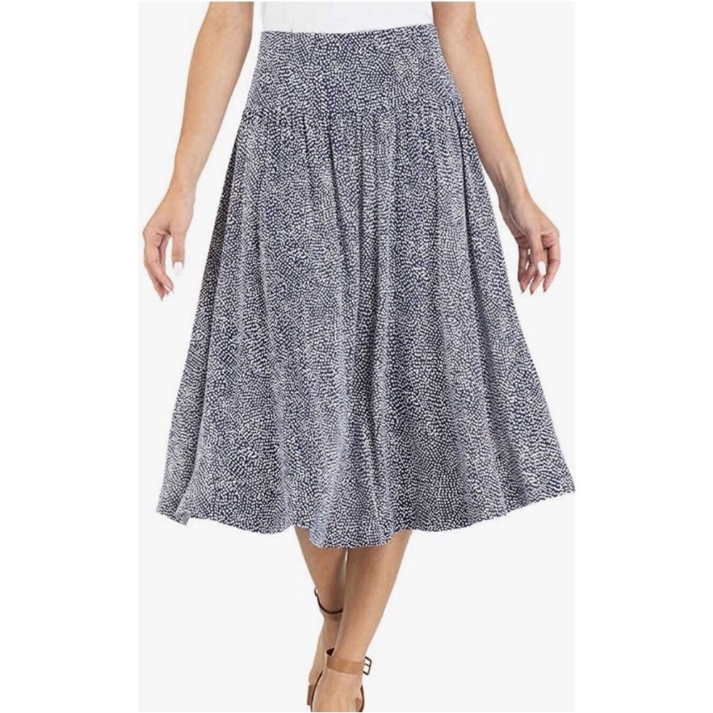HILARY RADLEY Rounded Hem Polka Dot Blue Navy MIDI Skirt Women’s M A-line Flowy